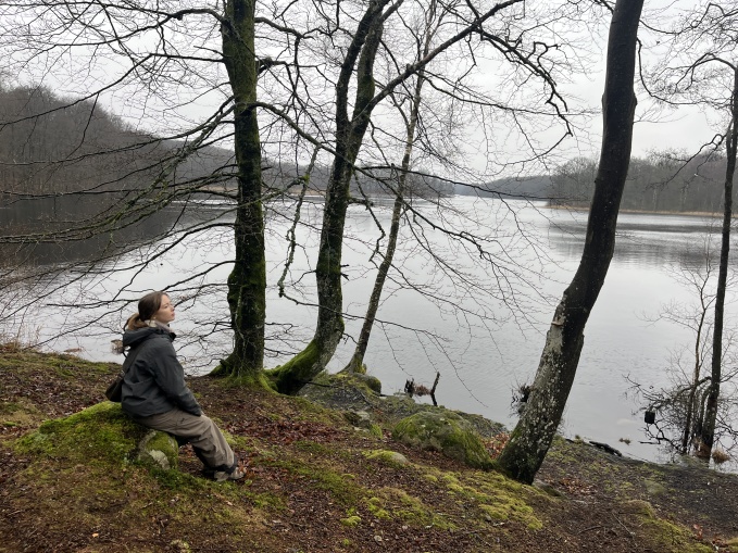 person sitter och njuter a naturen vid en sjö