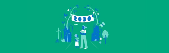 Illustration av grönskande städer med årtalet 2030 i överkant.